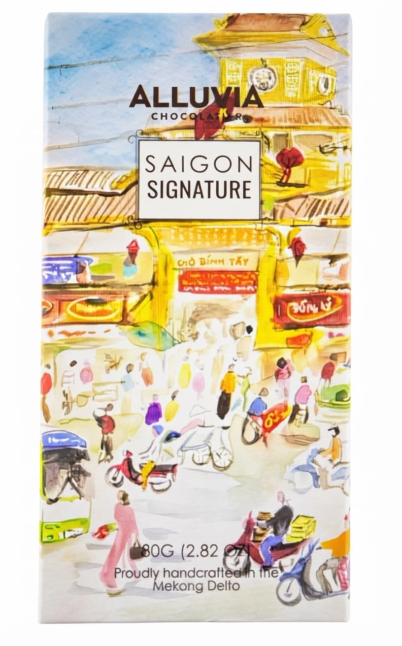Saigon Signature 70% dark bar packaging by Alluvia