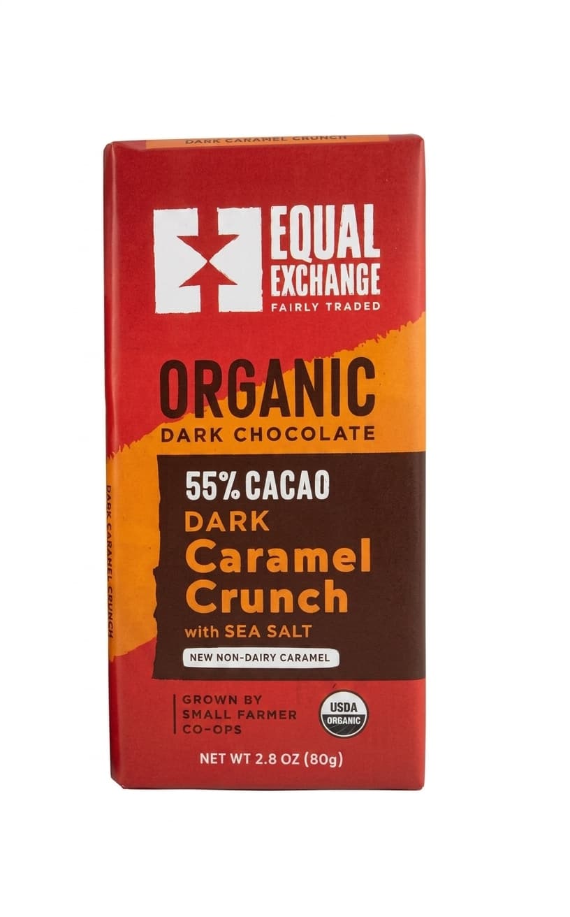 Dark Caramel Crunch 55% 55% dark bar packaging by Equal Exchange