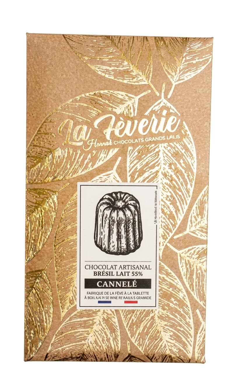 Cannelé 55% milk bar packaging by Hasnaâ Chocolats