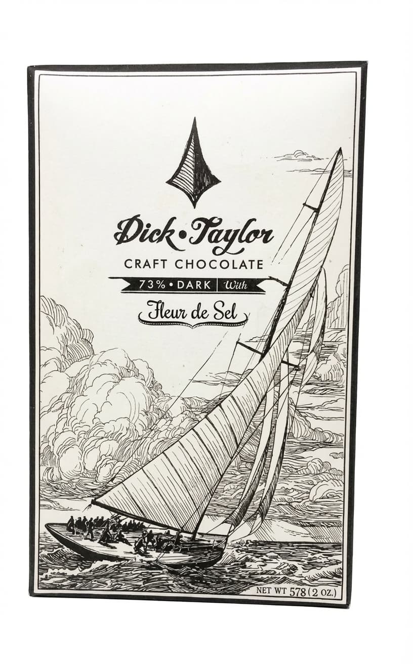73% Dark with Fleur de Sel 73% dark bar packaging by Dick Taylor