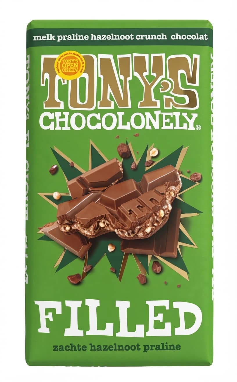 Milk Praline Hazelnoot Crunch 32% milk bar packaging by Tony's Chocolonely
