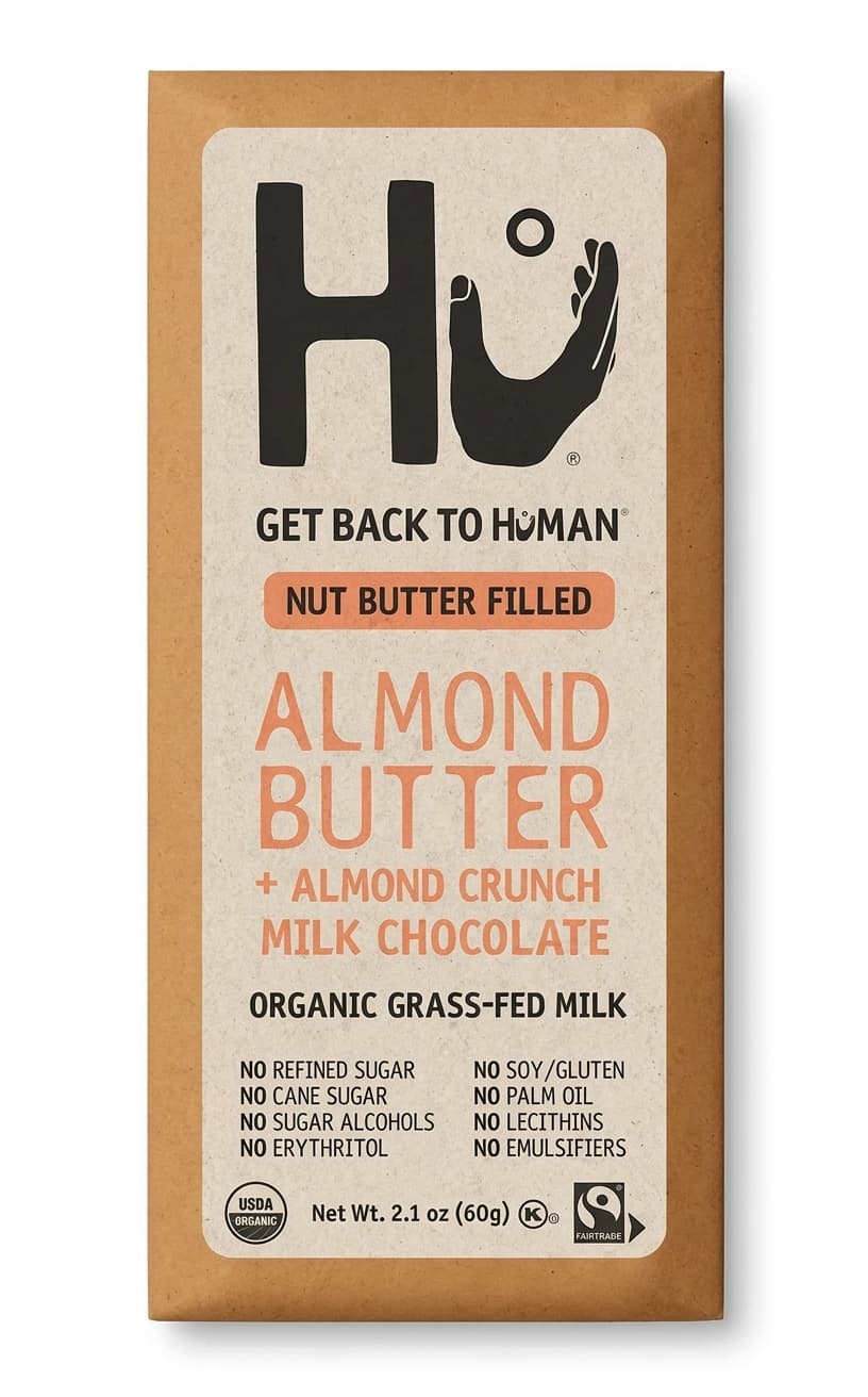 Almond Butter + Almond Crunch Milk Chocolate 48% milk bar packaging by Hu
