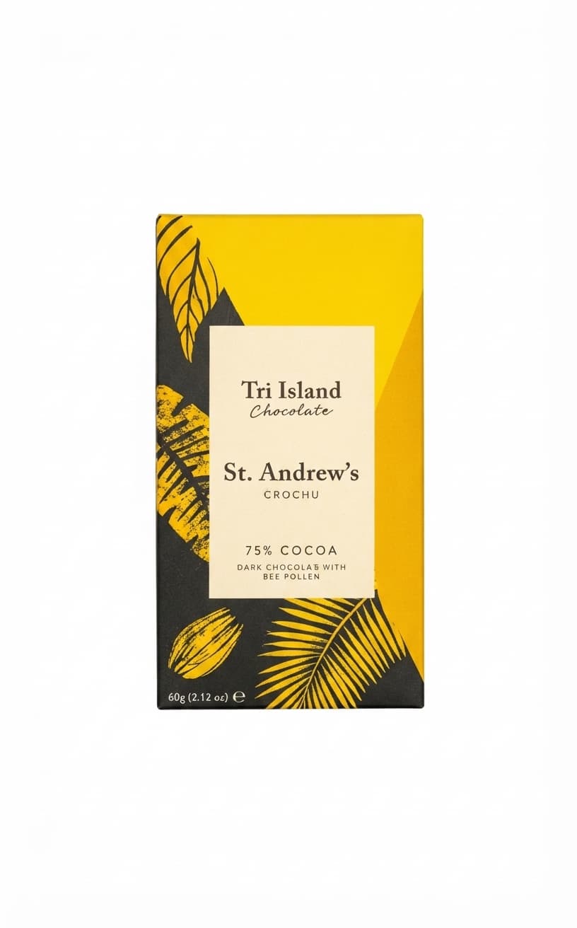 St. Andrew's Crochu Bee Pollen 75% 75% dark bar packaging by Tri-Island Chocolate