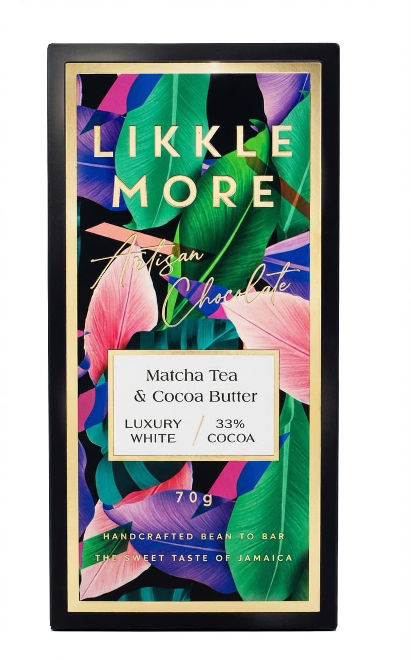 Matcha Tea & Cocoa Butter 33% white bar packaging by Likkle More
