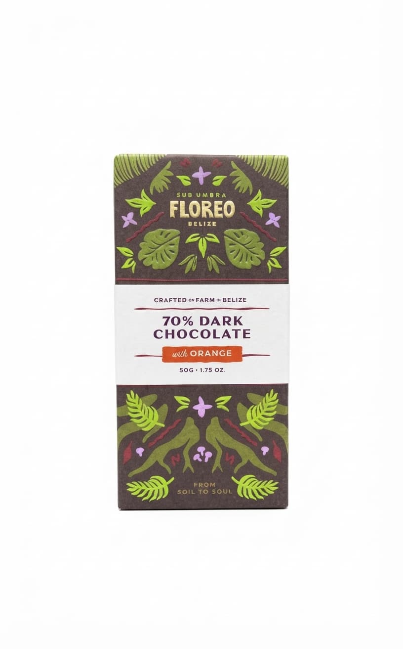 Orange 70% 70% dark bar packaging by Floreo Belize