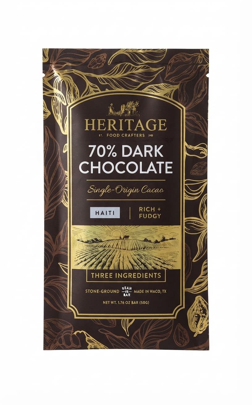 Haiti 70% 70% dark bar packaging by Heritage Food Crafters