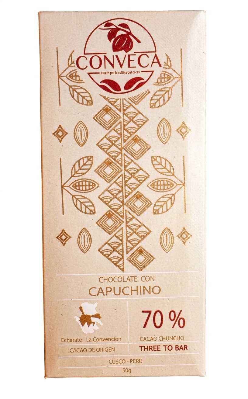 Chocolate con Capuchino 70% 70% dark bar packaging by Conveca