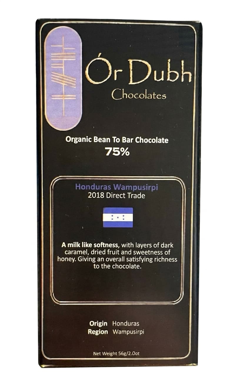 Honduras Wampusirpi 75% 75% dark bar packaging by Ór Dubh Chocolate