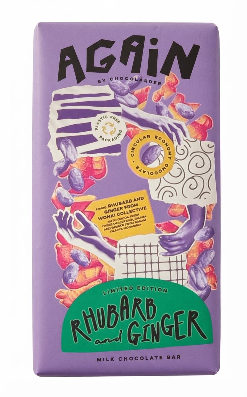 Rhubarb and Ginger 50% milk bar packaging by Chocolarder