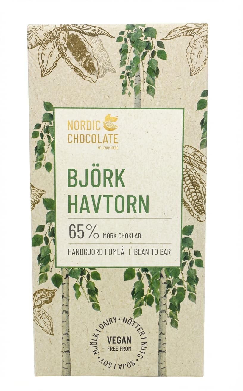 Björk Havtorn 65% 65% dark bar packaging by Nordic Chocolate
