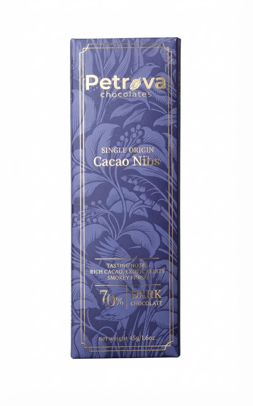 Cacao Nibs 70% 70% dark bar packaging by Petrova Chocolates