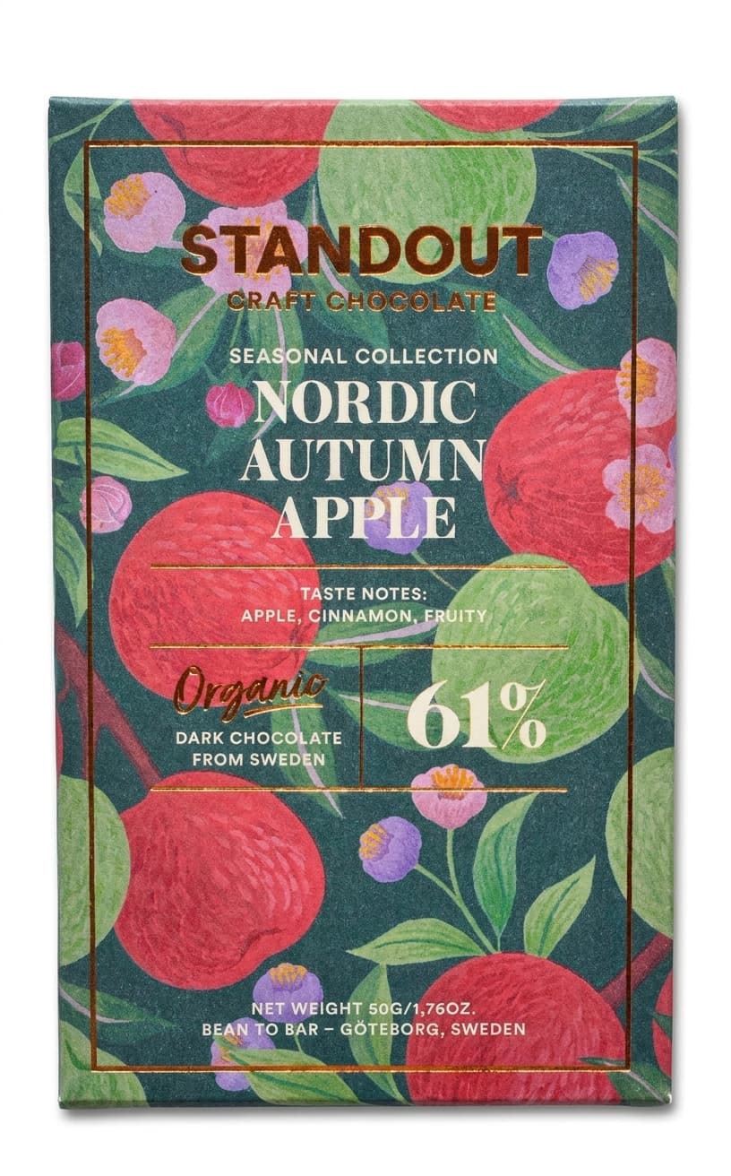 Nordic Autumn Apple 61% 61% dark bar packaging by Standout Chocolate