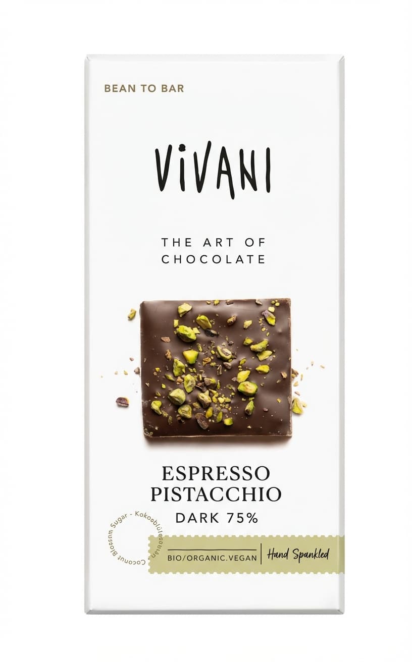 Espresso Pistacchio 75% dark bar packaging by undefined