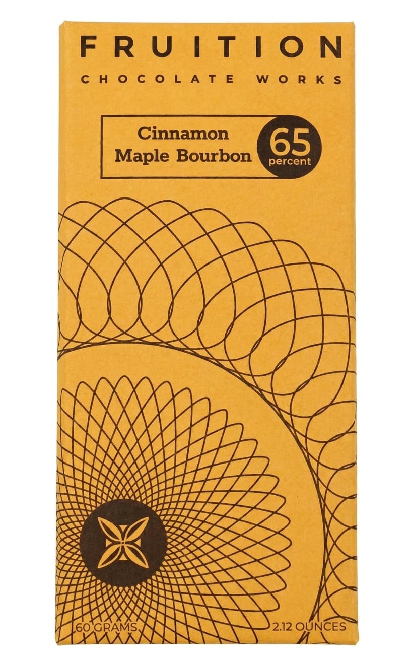 Cinnamon Maple Bourbon Dark Milk 65% 65% milk bar packaging by Fruition Chocolate Works