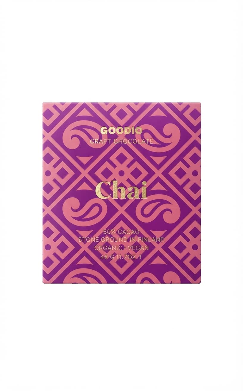 Chai 50% 50% dark bar packaging by Goodio