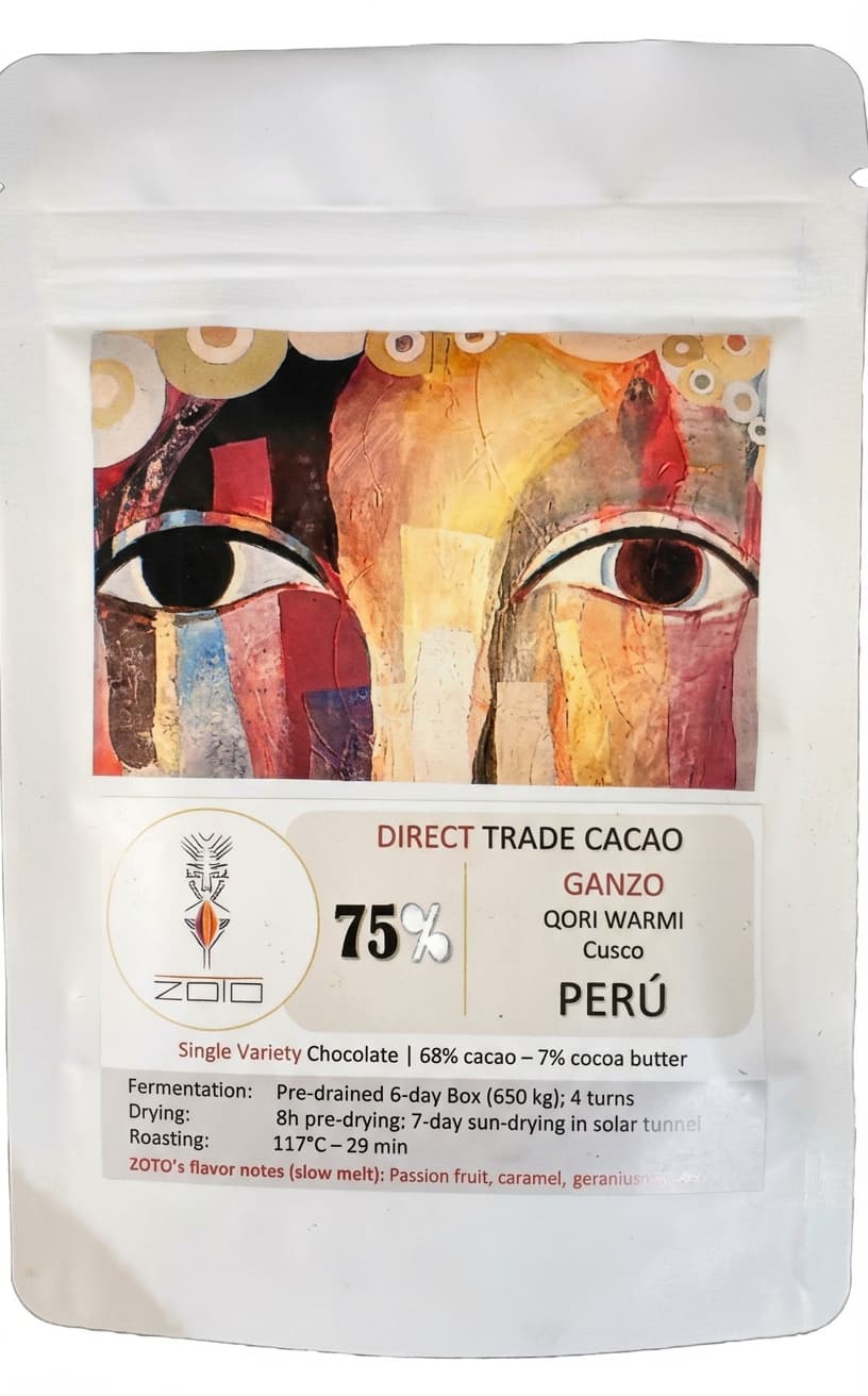 Ganzo Qori Warmi 75% dark bar packaging by ZOTO