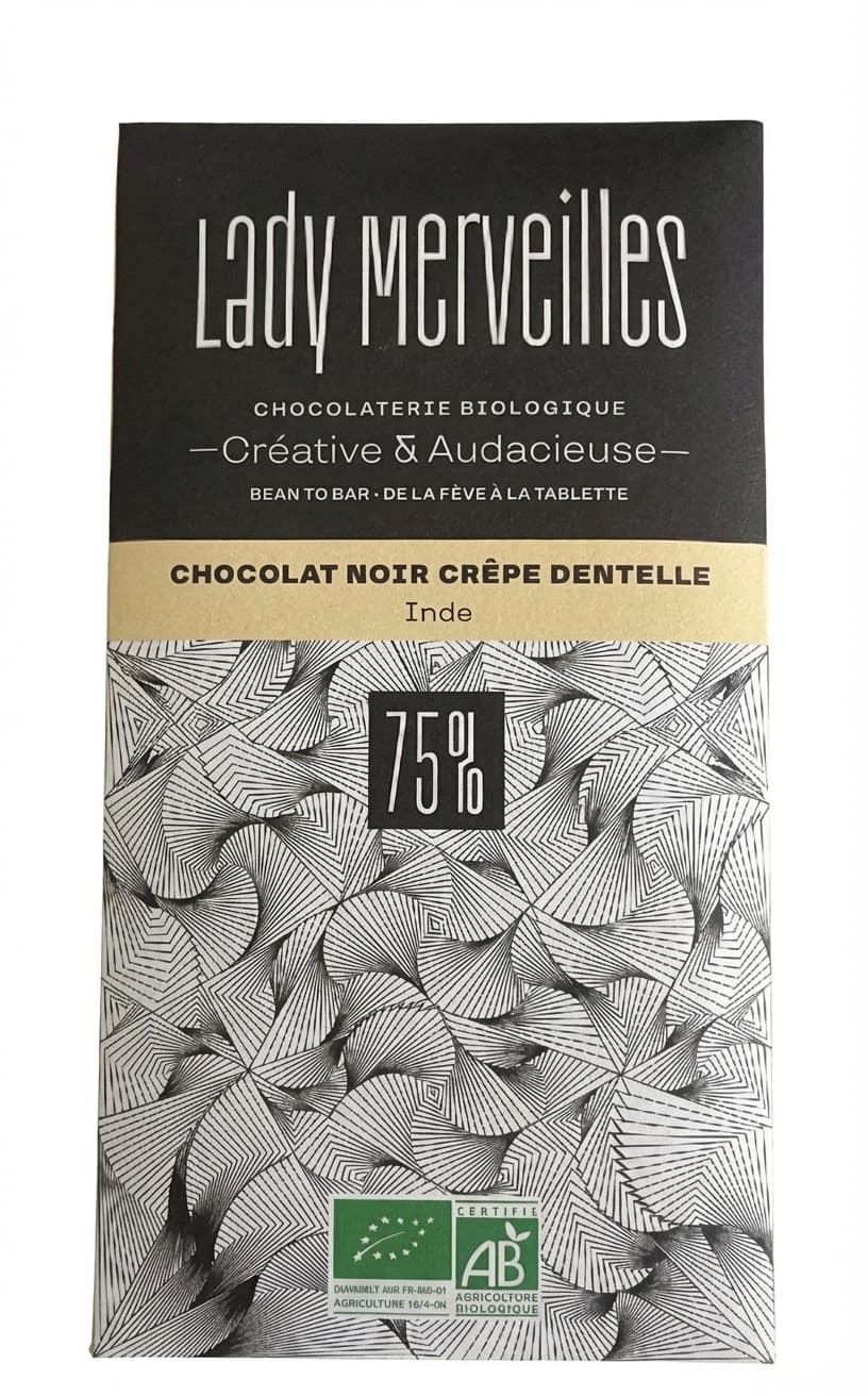 Chocolat Noir Crêpe Dentelle 75% dark bar packaging by Lady Merveilles