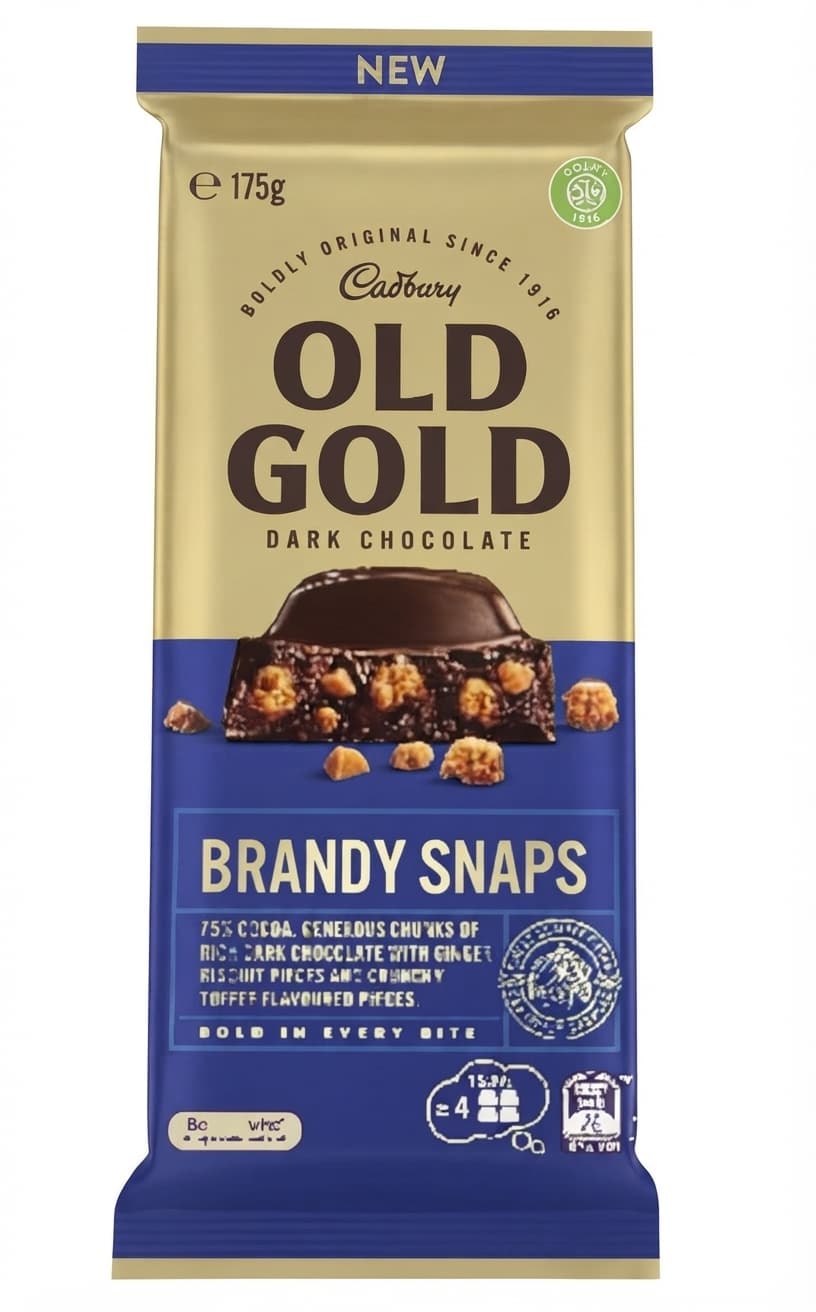 Old Gold Brandy Snaps 45% dark bar packaging by Cadbury
