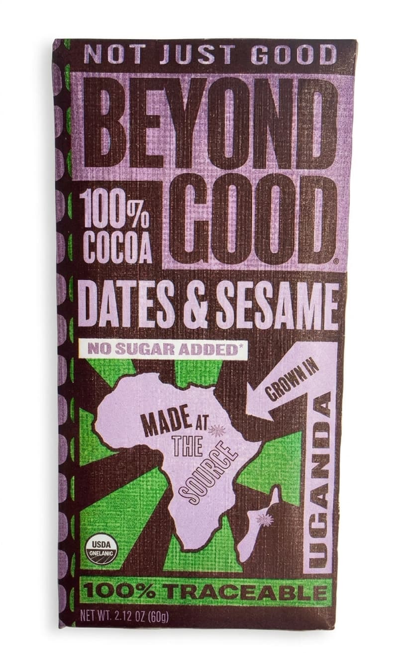 Dates & Sesame 100% Cocoa 100% dark bar packaging by Beyond Good