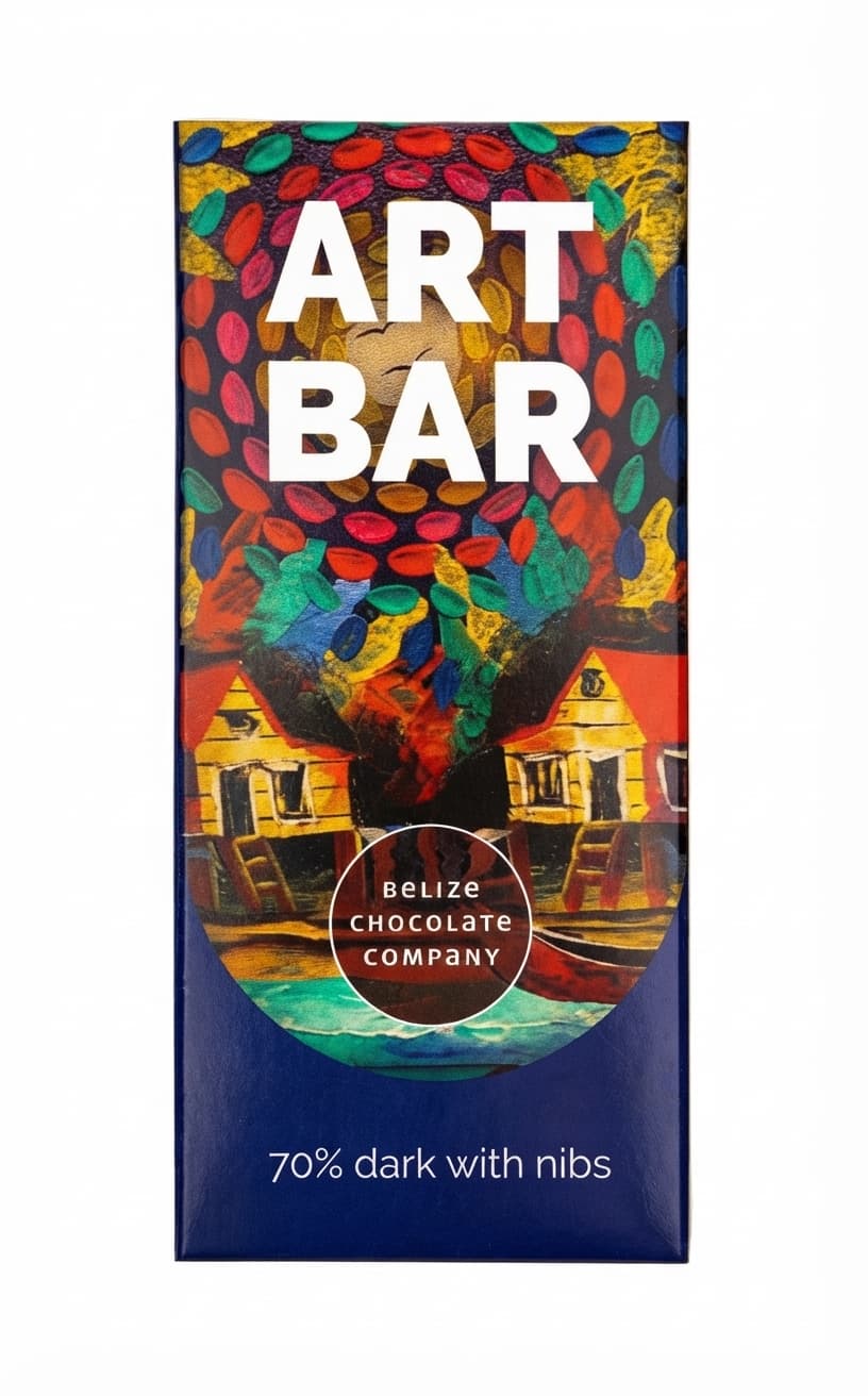 Art Bar Cacao Nibs 70% 70% dark bar packaging by Belize Chocolate Company