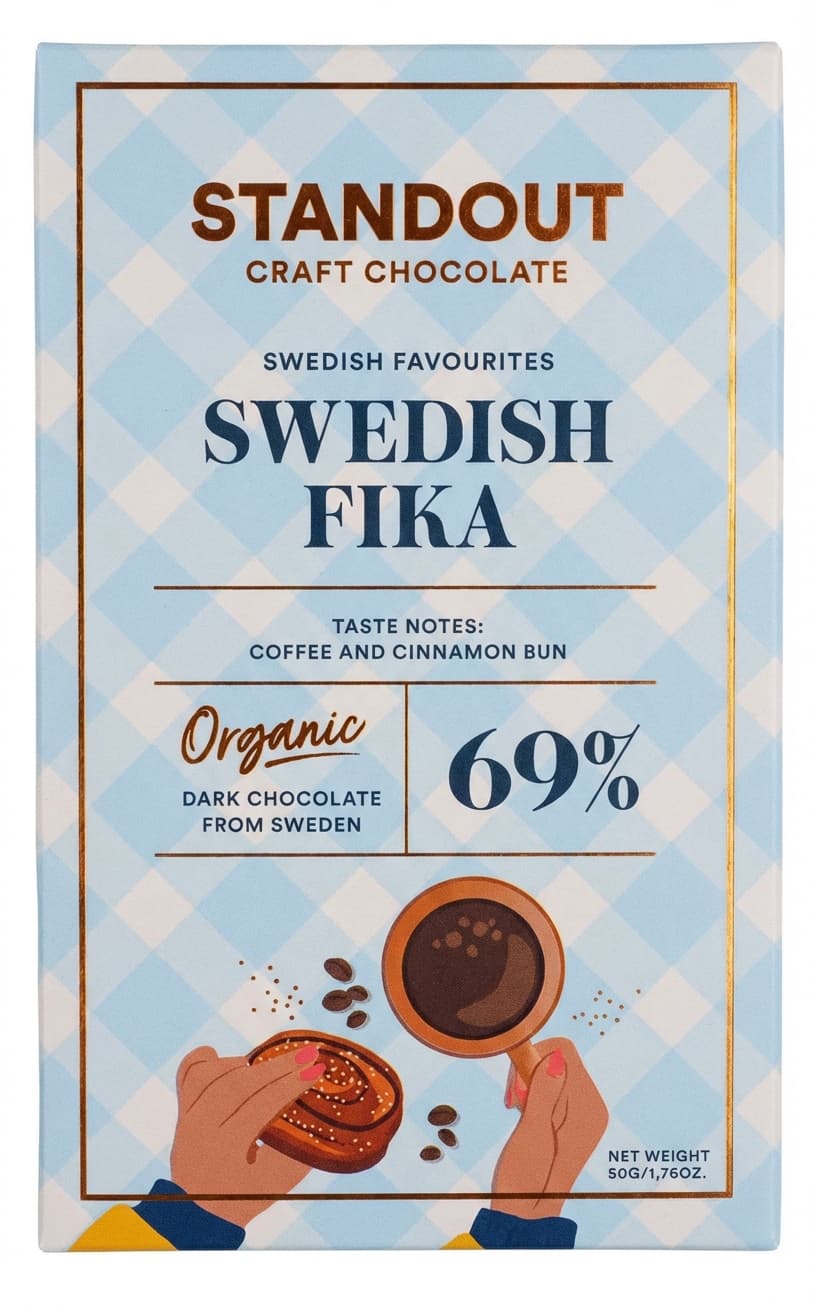 Swedish Fika 69% dark bar packaging by Standout Chocolate