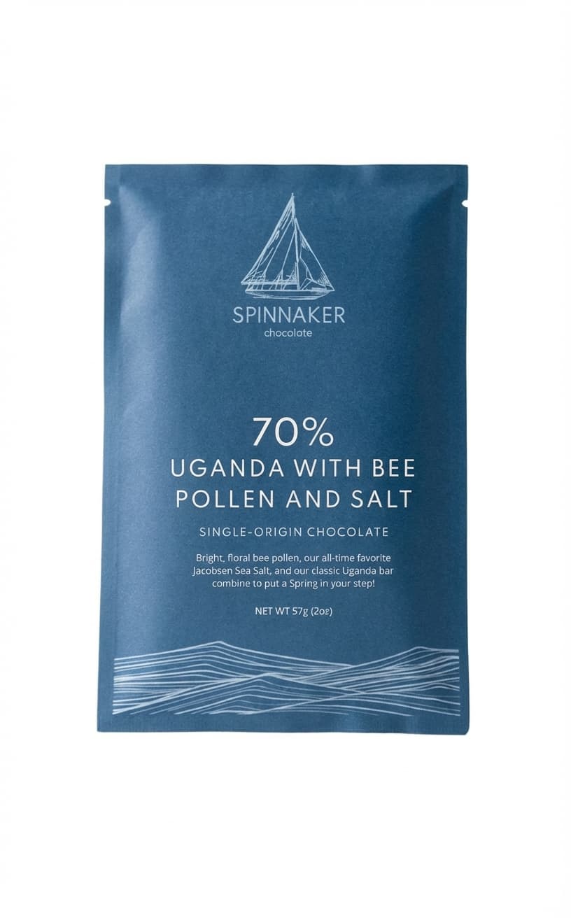 Uganda with Bee Pollen and Salt 70% 70% dark bar packaging by Spinnaker