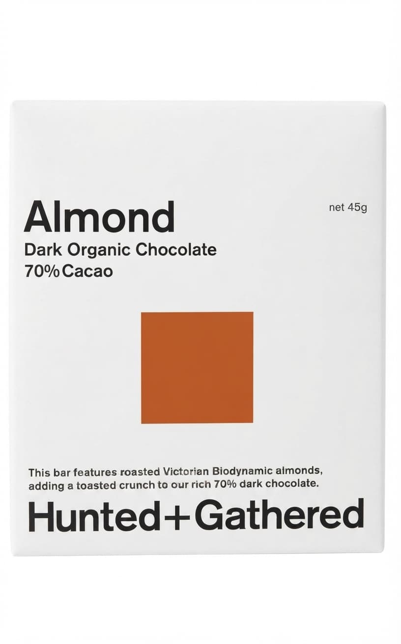 Almond 70% 70% dark bar packaging by Hunted + Gathered