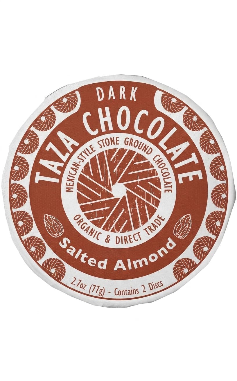 Salted Almond 44% 44% dark bar packaging by Taza