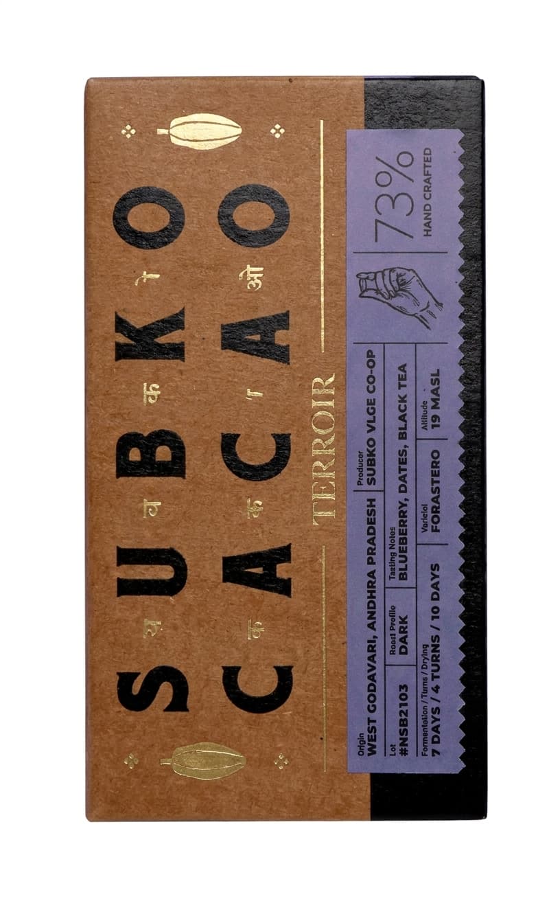 West Godavari 73% 73% dark bar packaging by Subko