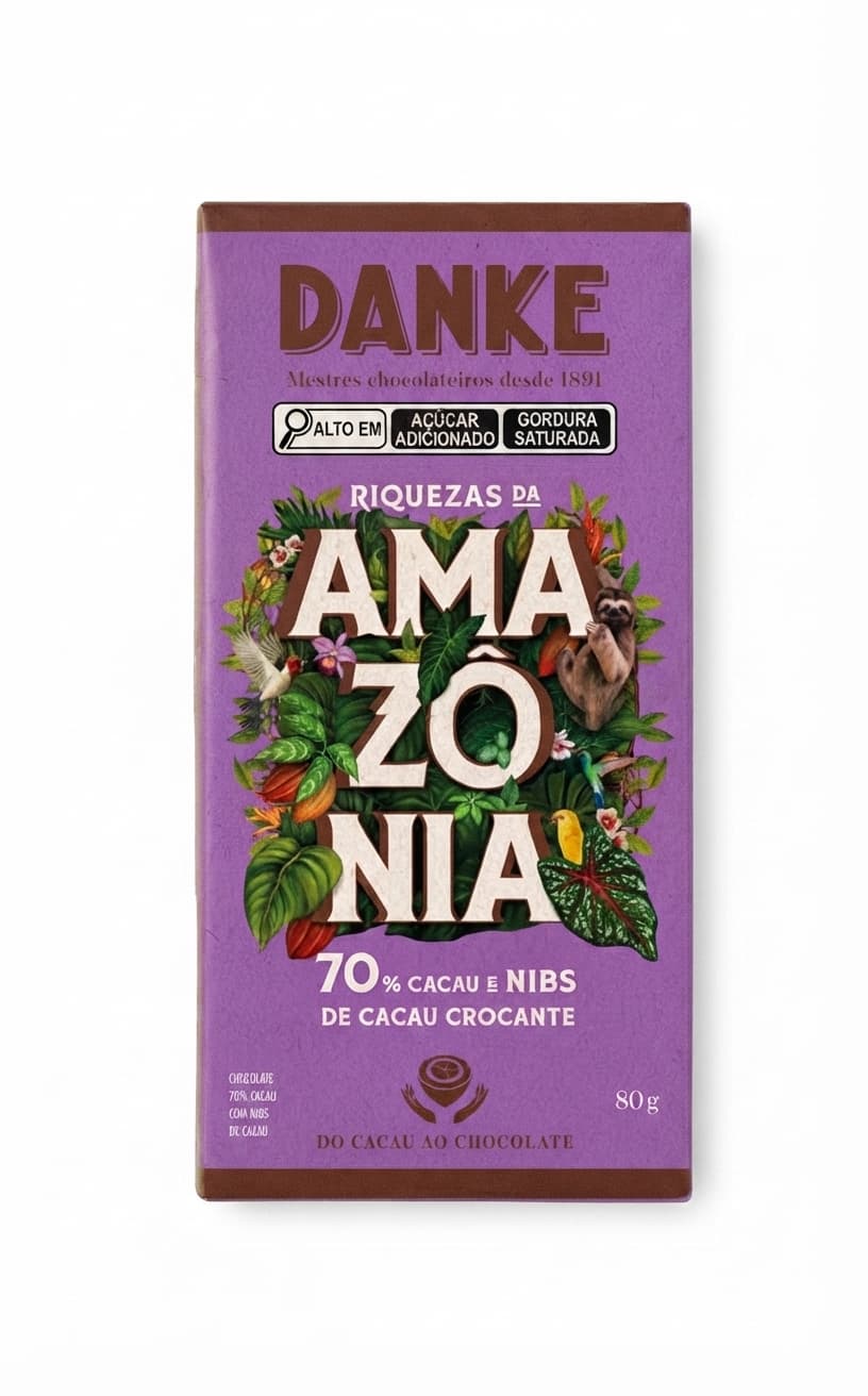 Amazônia 70% Nibs 70% dark bar packaging by Danke