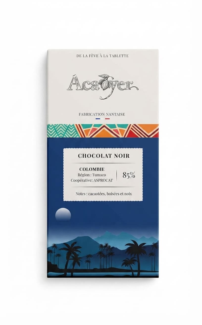 Colombie Tumaco 85% 85% dark bar packaging by Acaoyer