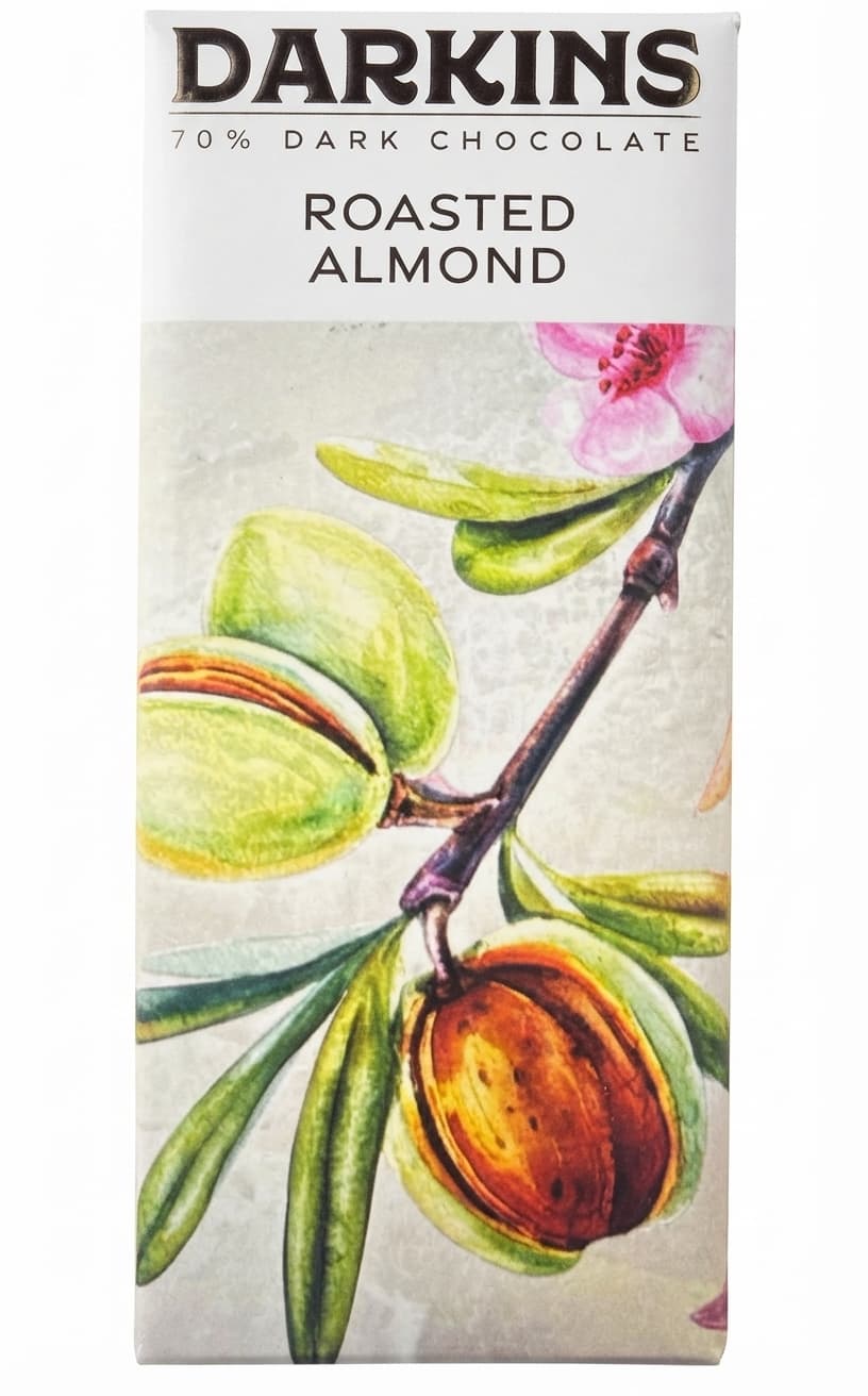 Roasted Almond 70% 70% dark bar packaging by Darkins