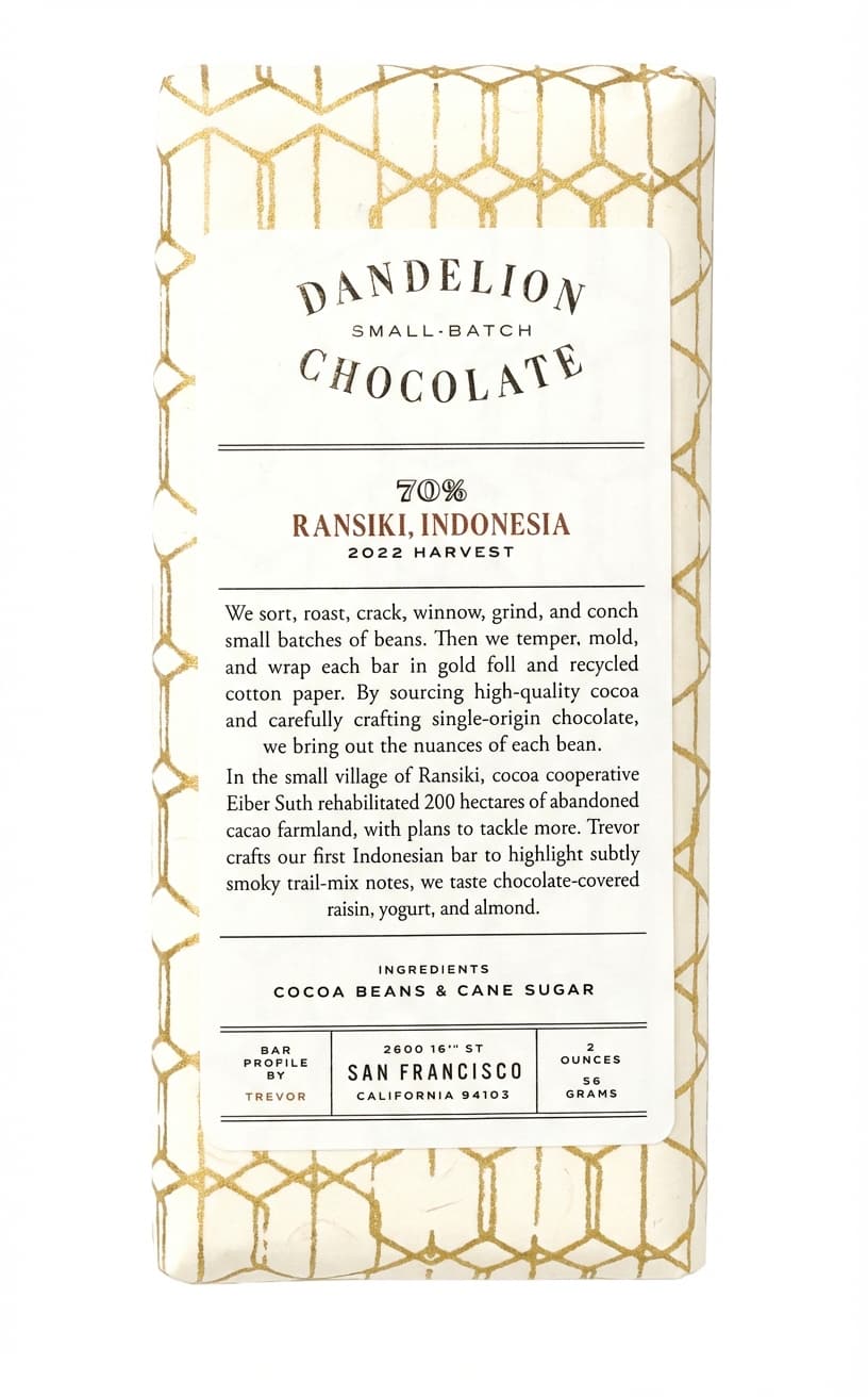 Ransiki, Indonesia 70% 70% dark bar packaging by Dandelion Chocolate
