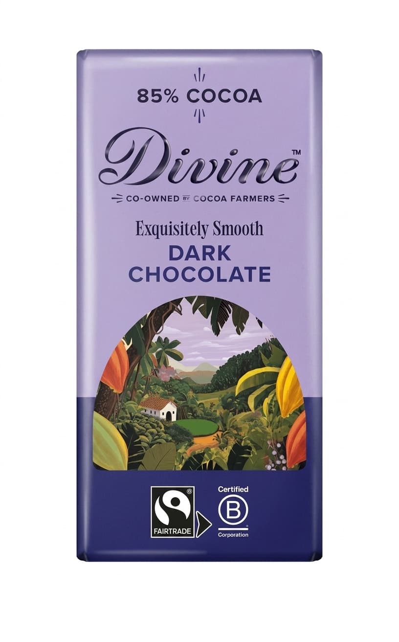 Dark 85% 85% dark bar packaging by Divine