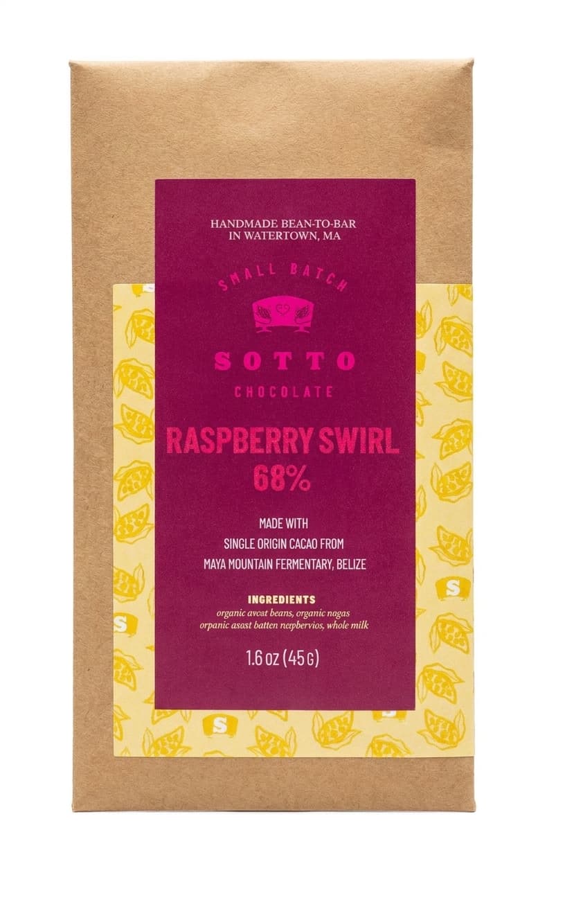Raspberry Swirl 68% 68% milk bar packaging by Sotto Chocolate