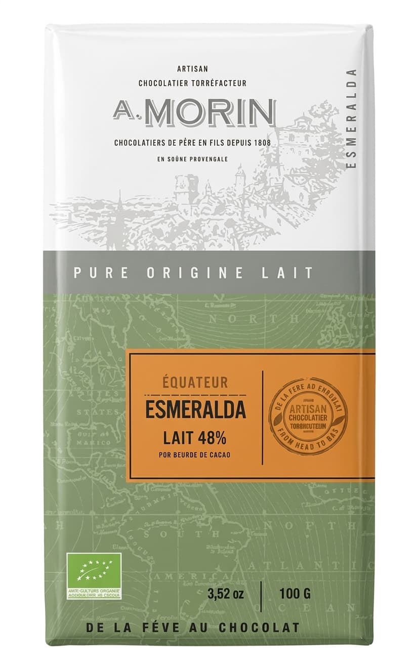 Esmeralda Lait 48% 48% milk bar packaging by Chocolaterie Morin