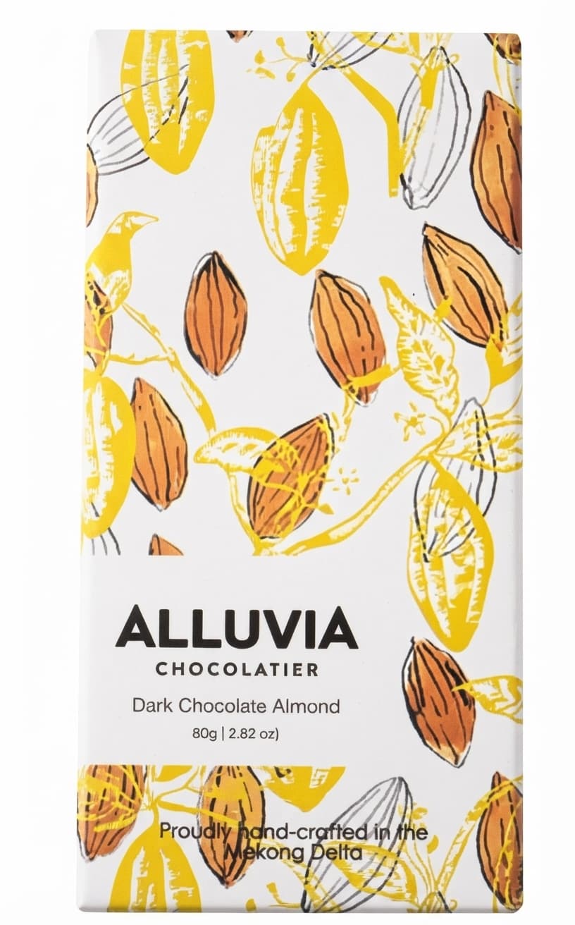 Almond 57% dark bar packaging by Alluvia