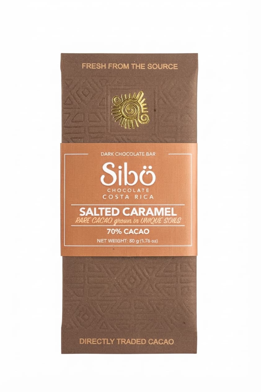 Salted Caramel 70% 70% dark bar packaging by Sibö Chocolate