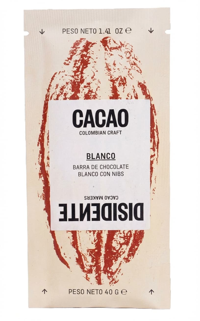 BLANCO CON NIBS 40% white bar packaging by Cacao Disidente