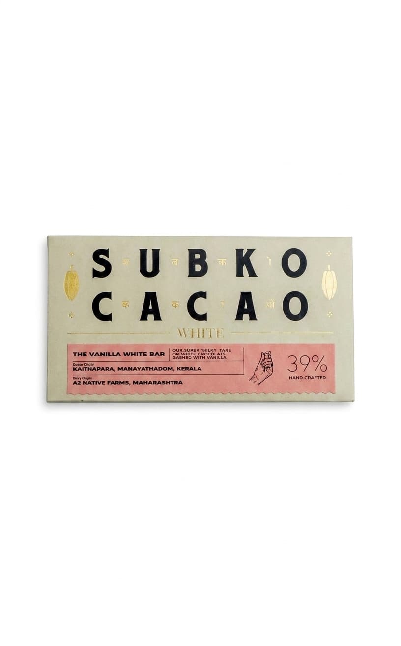 Vanilla White 39% 39% white bar packaging by Subko