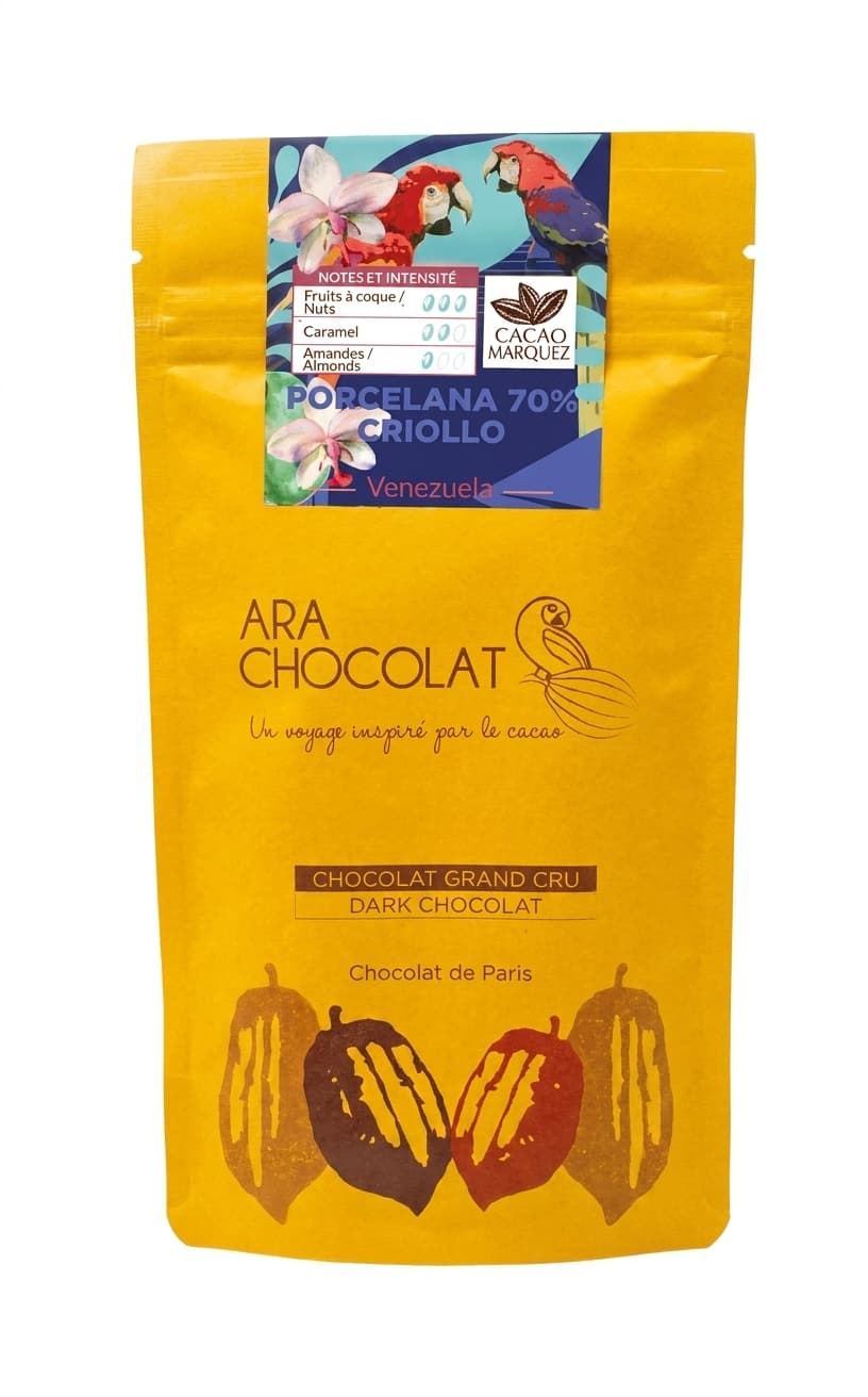Porcelana 70% Criollo 70% dark bar packaging by Ara Chocolat