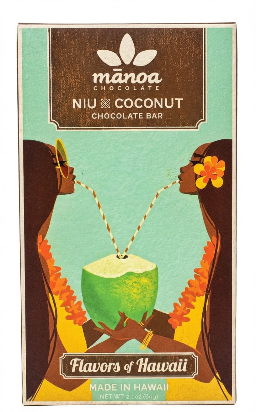 Niu x Coconut 60% milk bar packaging by mānoa chocolate