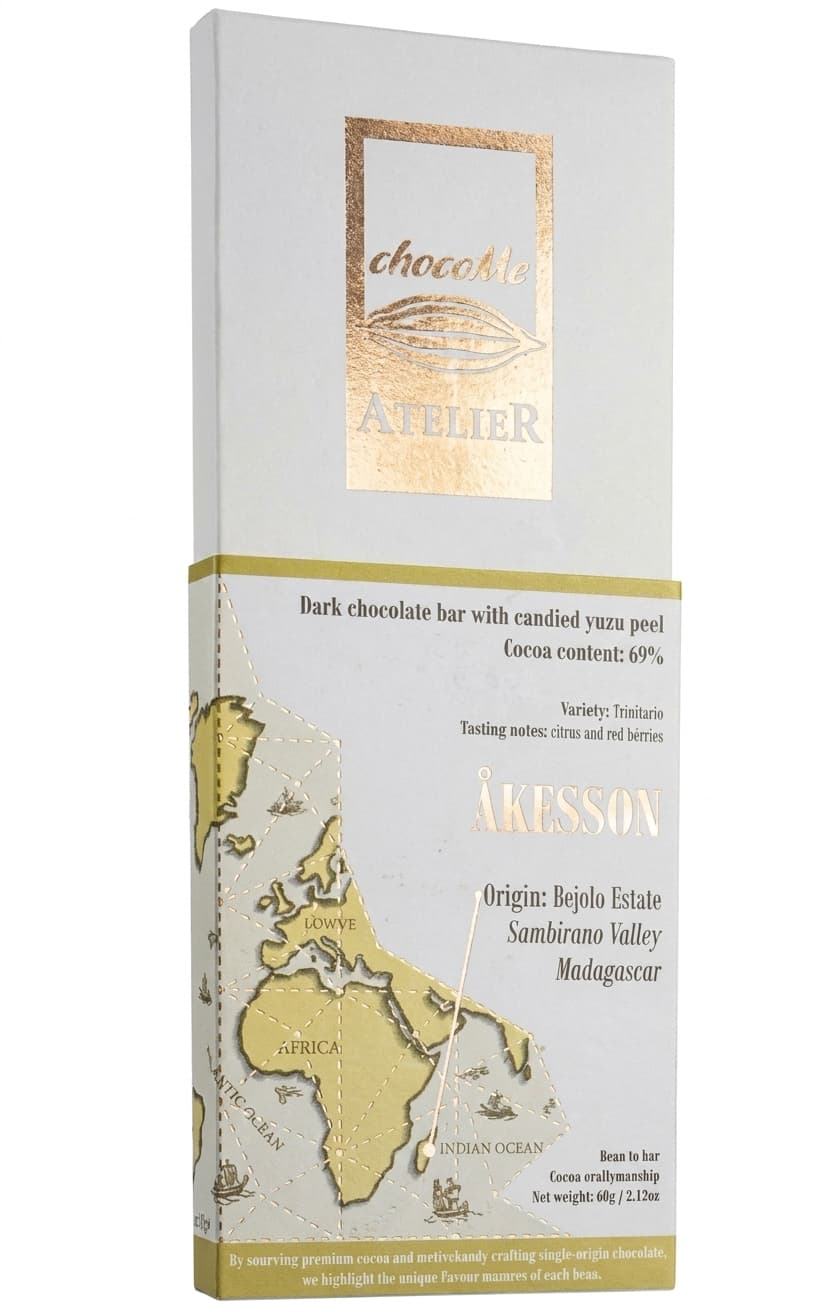 Dark chocolate bar with candied yuzu peel 69% 69% dark bar packaging by chocoMe