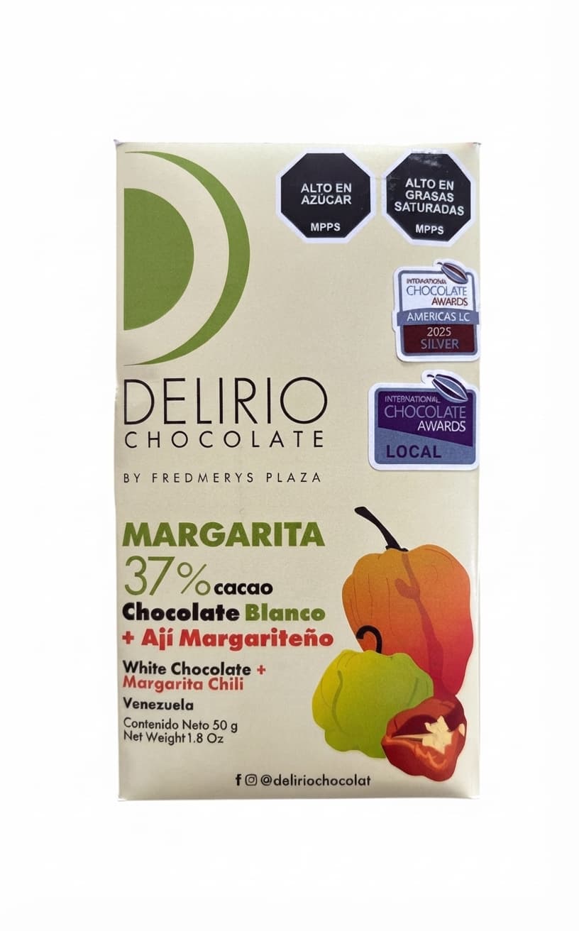 Margarita Ají Margariteño 37% 37% white bar packaging by Delirio Chocolate