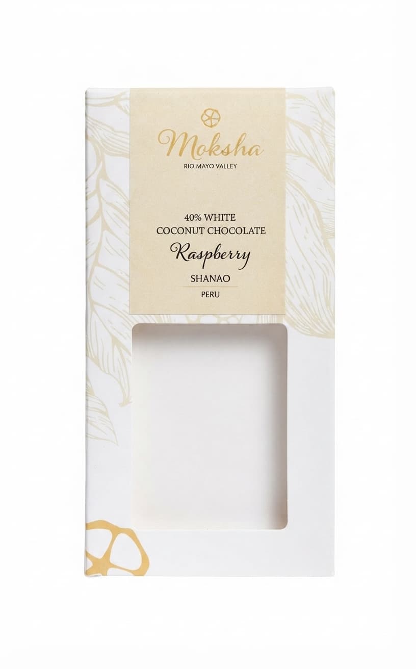 Coconut Raspberry 40% white bar packaging by Moksha Chocolate