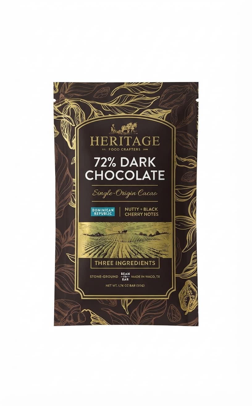 Dominican Republic 72% 72% dark bar packaging by Heritage Food Crafters