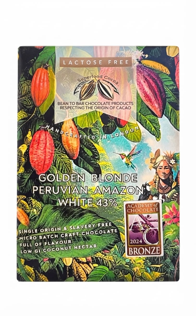Golden Blonde Peruvian Amazon White 43% 43% white bar packaging by Superfood Cocoa