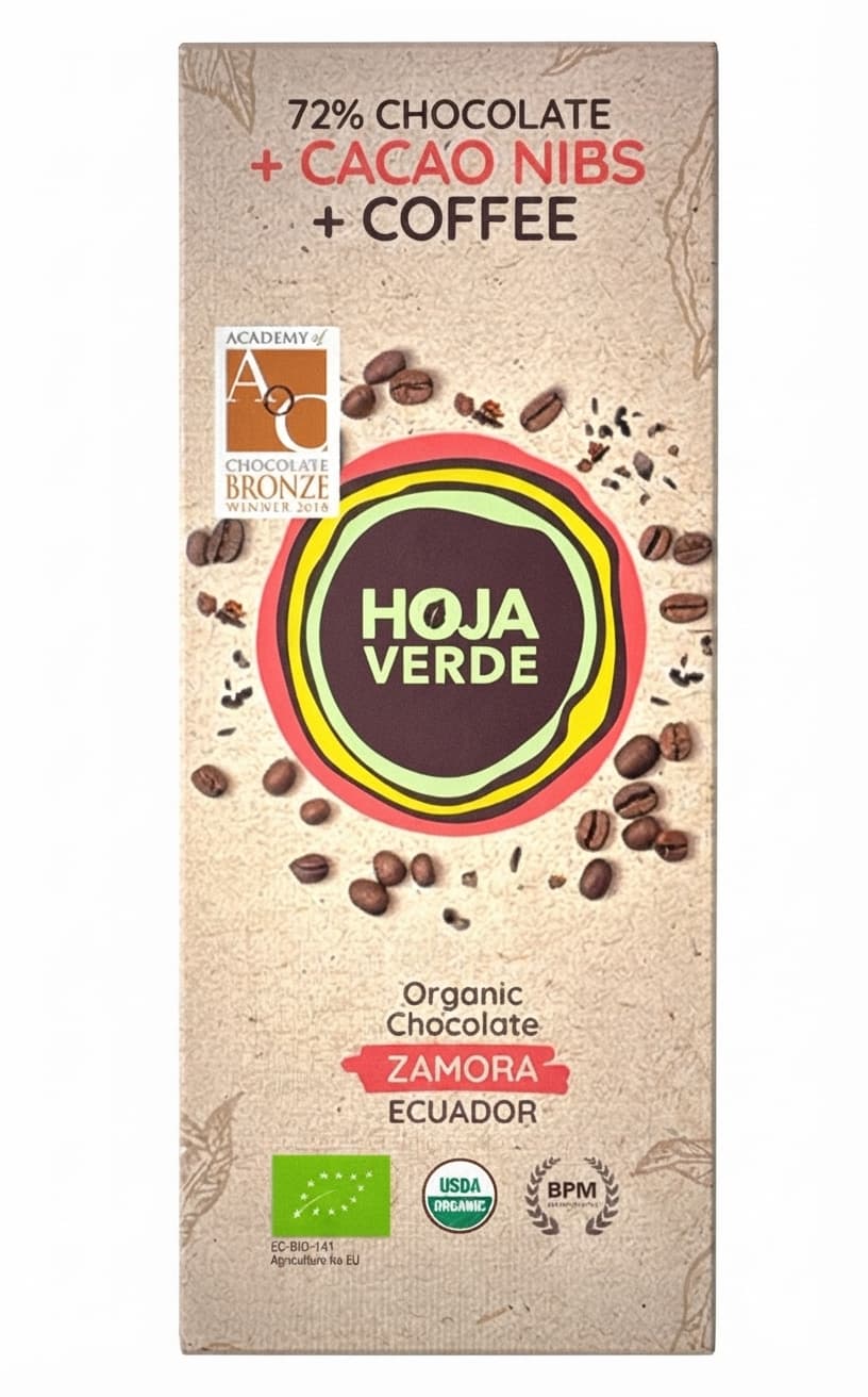 Cacao Nibs & Coffee 72% 72% dark bar packaging by Hoja Verde