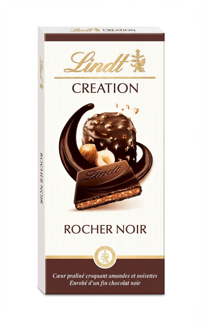 Creation Rocher Noir 47% dark bar packaging by Lindt