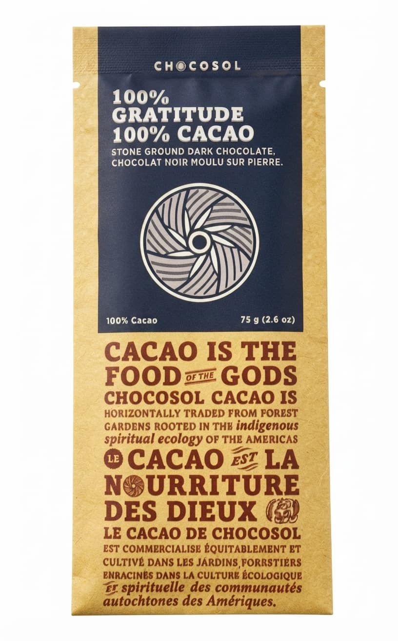 100% Gratitude 100% dark bar packaging by ChocoSol